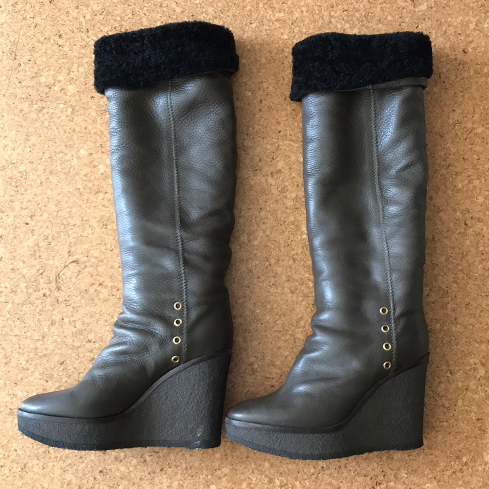YSL leather shearling Ida knee high wedge boots